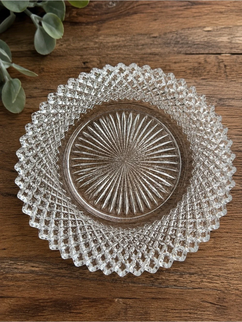 Vintage Clear Pressed Glass Diamond Point Sunburst Serving Set 3 Pieces